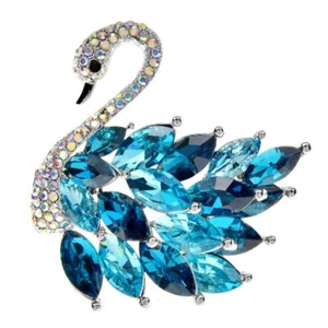 Swan Brooch Rhinestone Pin Bird Silver Blue Elegant Collar Sparkling Jewelry - Picture 1 of 11