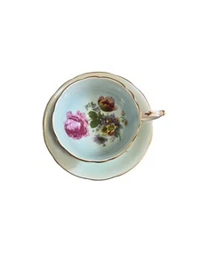 Paragon Large Pink Cabbage Rose Turquoise Teacup & Saucer Signed Double Warrent - Picture 1 of 14