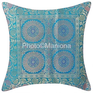 Silk Hand-Embroidered Mandala Pillow Cover, Turquoise Pillow, Decorative Pillow - Picture 1 of 2