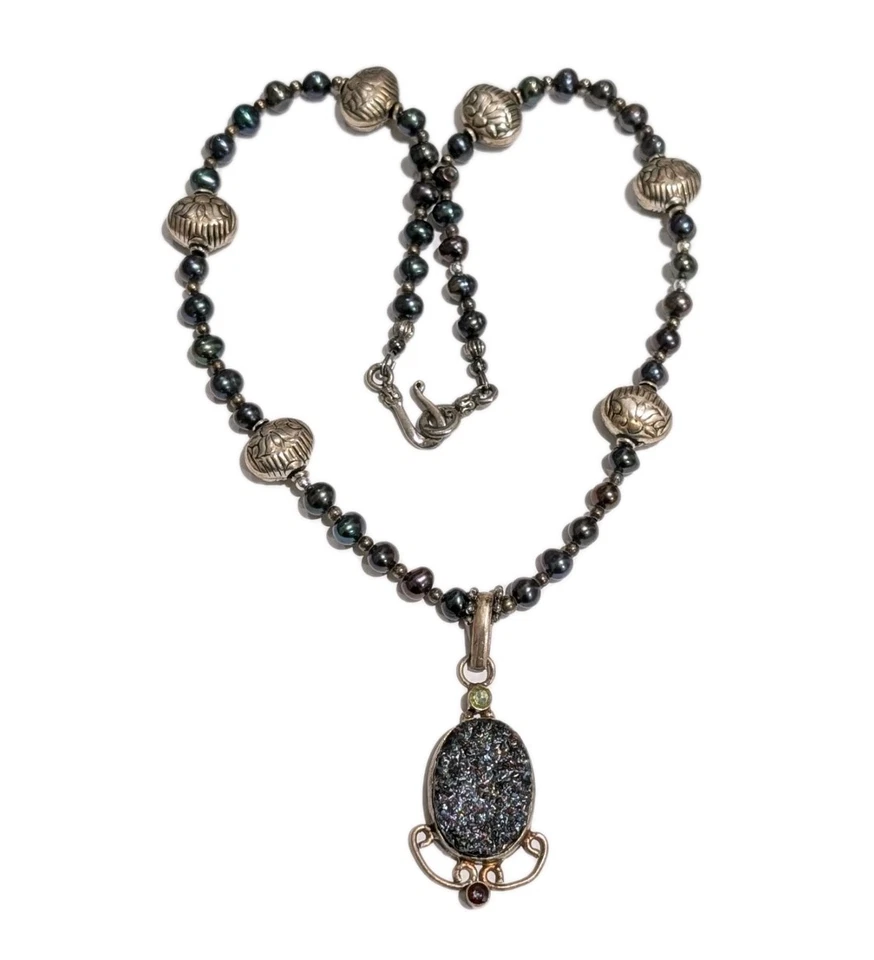 Collar De Colección Plata Esterlina Genuina Perla Pavo Real Druzy Granate Peridoto 20" Foto 1 de 4