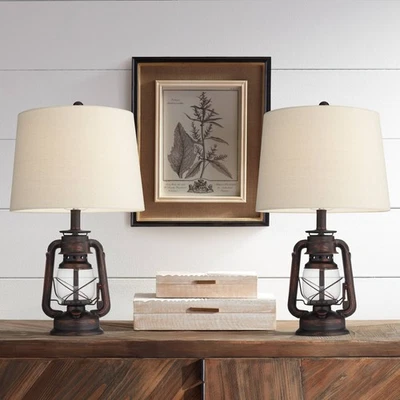 Juego de 2 lámparas de mesa Franklin Iron Works Murphy rojo bronce linterna minera Foto 1 de 4