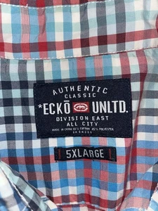 Ecko Unltd Mens 5XL Red Blue Gray Plaid Casual Logo Pocket Button Up Shirt - Picture 1 of 11