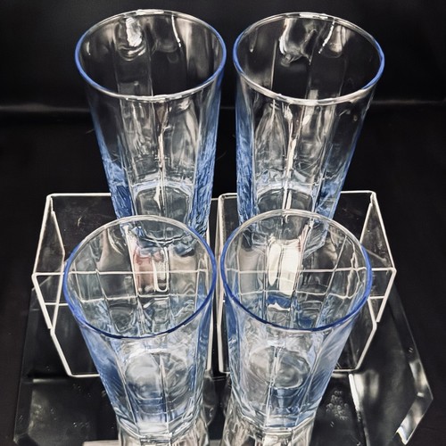 (4) Vintage Anchor Hocking Blue Reflections Glass Tumblers Blue Tinted EUC