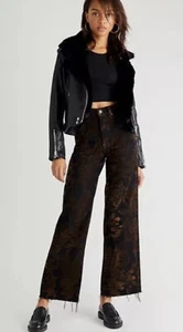 Free People Annabelle Flocked Jeans aterciopelados dobladillo deshilacha de cachemira negro marrón 27 nuevos con etiquetas - Imagen 1 de 5