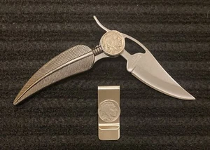 8” Indian Chief Buffalo Nickel Coin Feather Folding Locking Knife & Money Clip - Picture 1 of 5