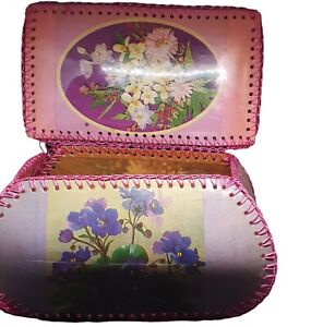 Vintage Hand Made Floral Greeting Card Lidded Box Craft Sewing Box & Contents   