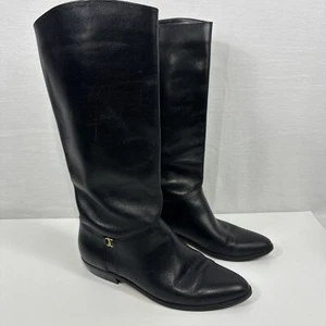 Etienne Aigner Black Leather Knee High Boots Women's Size 8M 7948 Riding Pull On - Picture 1 of 10