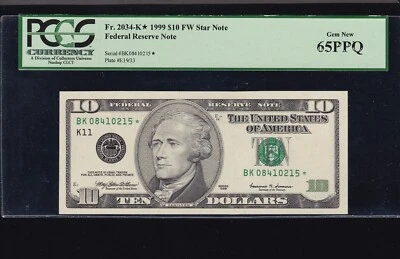 US 1999 $10 FRN FW Dallas Star Note FR 2034-K PCGS 65 PPQ (215*) - Image 1 of 2