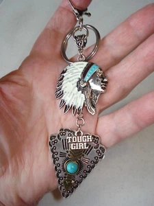 6" Drop "Tough Girl" Indian Chief, Faux Turquoise Concho Arrowhead Key Ring - Imagen 1 de 10