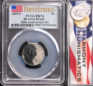2018 S JEFFERSON NICKEL 5C PCGS REVERSE PR70 First Strike 50th Anniv Silver Set - Picture 1 of 2