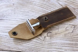 Personalized vintage distressed leather safety razor travel case cover - Picture 1 of 11