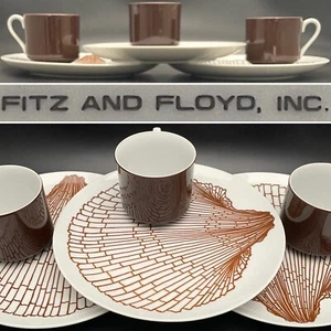 Juego de bocadillos de almuerzo Fitz & Floyd marrón monótono Coquille Shell para 3 c1970 Japón - Imagen 1 de 20