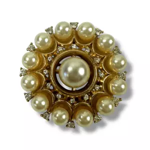 Vintage Faux Pearl Gold Tone Round Starburt Brooch Pin Pendant Bridgerton Dressy - Picture 1 of 5