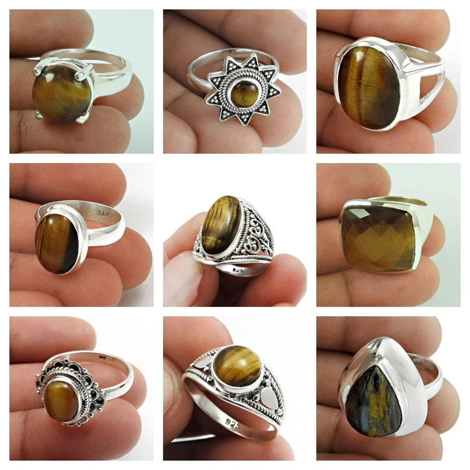 Anillos de regalo de Navidad de plata de ley 925 con piedras preciosas de ojo de tigre natural talla 8 Foto 1 de 4