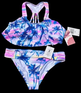 Hobie Girls Palm Beach Collection 2 Piece Bikini blue/pink Palm Trees Size 12 - Picture 1 of 9