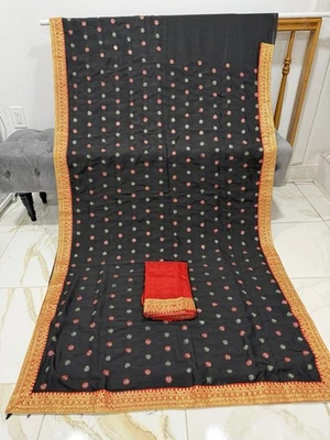 Women indian  Bollywood Embroidery Sari Saree with Unstitched Blouse Piece - Image 1 of 4