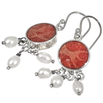 Brincos de prata 925 coral vermelho água doce branco pérola arroz esterlina, 13/16" - Imagem 1 de 3