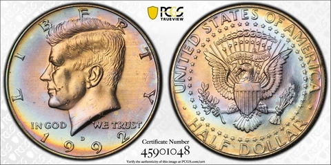 1992-D 50C MS65 Toned Kennedy Half Dollar - PCGS Gold Shield - Rainbow Toning Cover