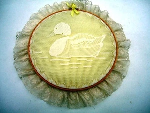 Homemade Wall Hanging White Lace Duck over Yellow Background on Embroidery Hoop - Picture 1 of 2