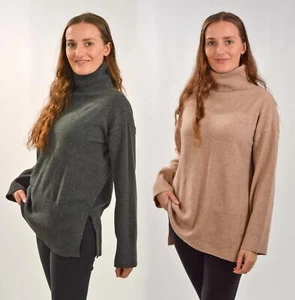 Womens Polo Neck Jumper Ribbed Centre Side Splits Relaxed Super Soft Fine Knit - Picture 1 of 11