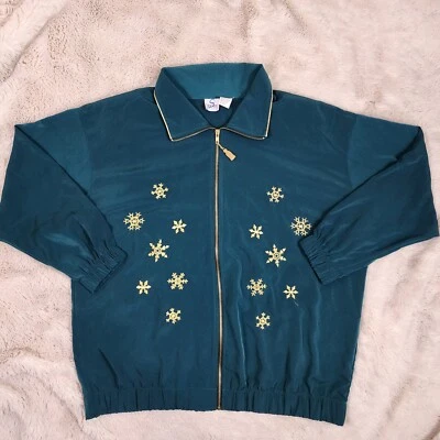 Sport Savvy Jacket Women's Size 1X Green & Gold Full Zip Christmas Snowflake - Image 1 of 4