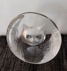 Mats Jonasson ? Clear And Frosted Art Glass Kitten Etched Paperweight Signed  - Picture 1 of 18