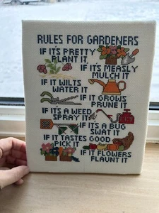 Completed Cross Stitch Handmade Rules For Gardeners Needlepoint Plants 8” x 10” - Picture 1 of 6