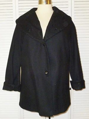 Beautiful Vintage 1980s Komitor Wool Coat Plus Size 1X Black Embroidered USA - Image 1 of 4