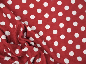 Bullet Printed Liverpool Textured Fabric 4 way Stretch Red White Polka Dot P29 - Picture 1 of 1