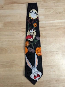 1995 Looney Tunes Mania Halloween Mens Silk Tie - Taz Bugs Bunny Jack O Lantern - Picture 1 of 14
