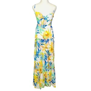 Flying Tomato Floral Maxi Dress SMALL Yellow Blue Smocked Back Lined Tropical S - Picture 1 of 9