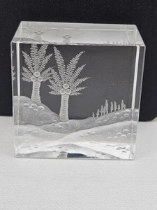 Vintage Lazer geätztes Glas Souvenir Briefbeschwerer mit Kokosnussbäumen. - Bild 1 von 5