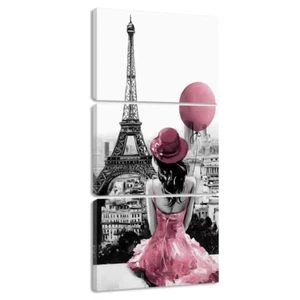 Arte de pared en lienzo Paris para decoración de pared de habitación de niñas 3 piezas blanco y negro Eiffel T... - Imagen 1 de 6