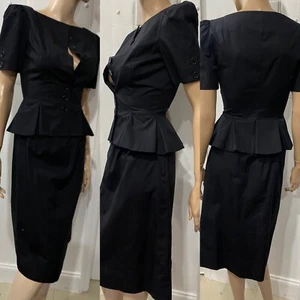 ADELE SIMPSON VINTAGE BLACK COTTON FITTED SKIRT SUIT SZ 6 - Picture 1 of 7
