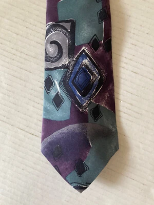 Don Loper Men's Necktie Tie Silk Green Purple Black Gray Abstract Made in USA - Image 1 of 4