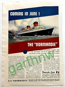 SS NORMANDIA 1935 1° ARRIVO NEW YORK PUBBLICITÀ ORIGINALE LINEA FRANCESE IN ARRIVO - Foto 1 di 1