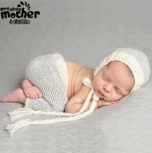 Gray and White Knit Newborn Hat and Pants Set Newborn Photo Props Outfits Set - Picture 1 of 3
