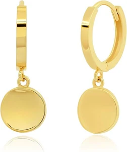 14k Yellow Gold Small Huggie Hoop Dangle Round Plate Earrings - Picture 1 of 4