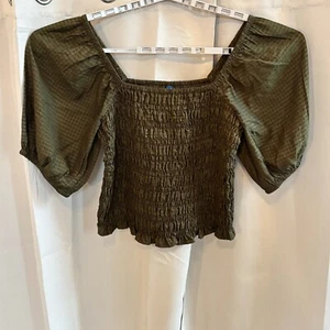 Old Navy Womens Crop Top Large Green Puff Sleeve Square Neck Milkmaid Y2K 18132 - Picture 1 of 7