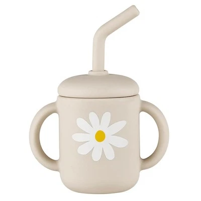 Stephan Baby 4 Ounce Silicone Drinking Cup with Straw and Soft Handles Tan Daisy - Image 1 of 4