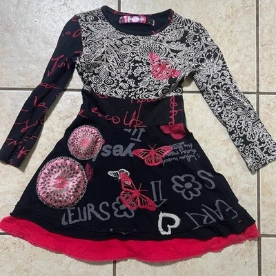 Desigual Long Sleeve Graphic Multi-colored  unique Casual Party Dress Kids 3-4 - Image 1 of 4
