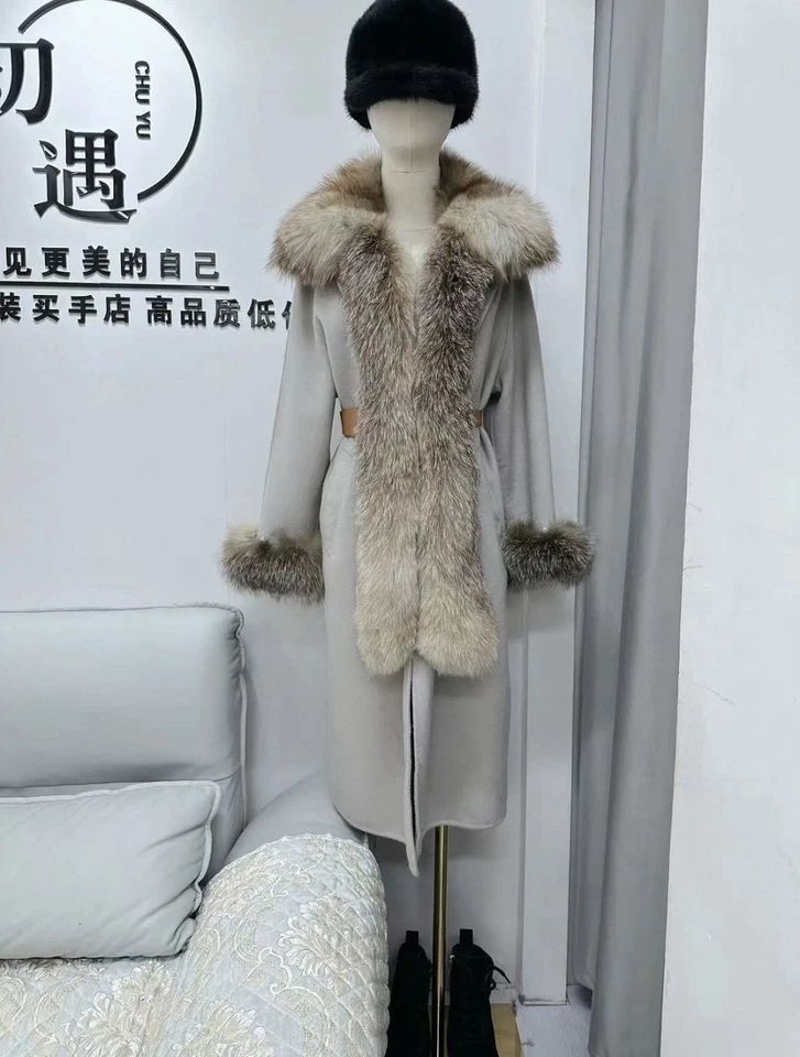 Luxury 100% cashmere real fox fur long coat overcoat old money designer style  - Image 1 of 4