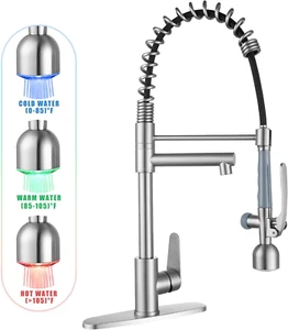 Brushed Nickel Kitchen Sink Faucet with LED Pull down Sprayer, Commercial Single - Picture 1 of 12