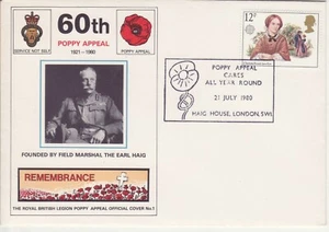 GB Stamps Souvenir Cover British Legion 60th Poppy Appeal, Earl Haig, cross 1980 - Picture 1 of 1