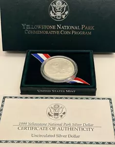 1999 P $1 Yellowstone National Park Silver Dollar UNC wGreenBox & COA #1422 - Picture 1 of 6