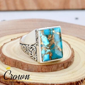 Blue Copper Turquoise 925 Sterling Silver Men's Ring Jewelry - Size US 6-14 - Picture 1 of 3