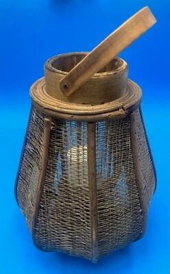 Vintage Wooden Bamboo/Mesh Lantern W/Handle & Glass Candle Holder, 10.5" Tall - Image 1 of 4