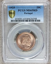 1925 Portugal 20 Centavos Bronze Coin - PCGS MS 65 RD - KM# 574 - TOP POP