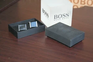 New Hugo Boss mens square black silver striped suit shirt cufflinks cuff links - Picture 1 of 7