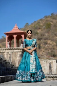 Stunning Look Pure Manipuri Silk Lehenga Choli With Teal Blue Dupatta For Party - Picture 1 of 13